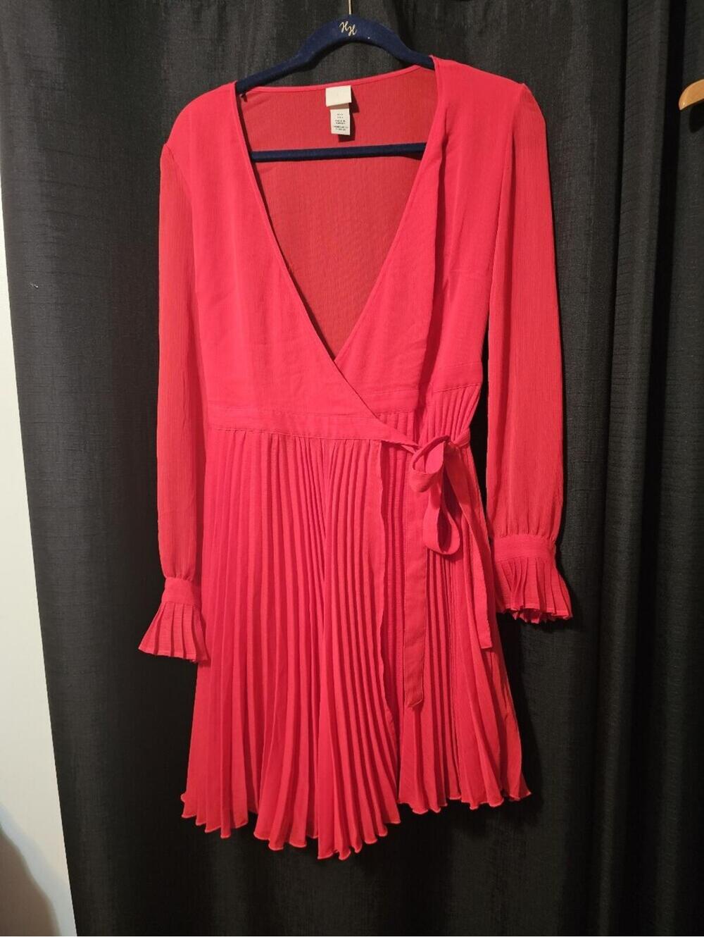 H&M Bright Red Long Sleeve Pleated Wrap Dress